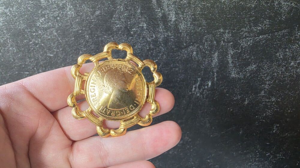 Freirich Gold Tone Metal Coin Brooch Vintage Costume Jewelry READ Description